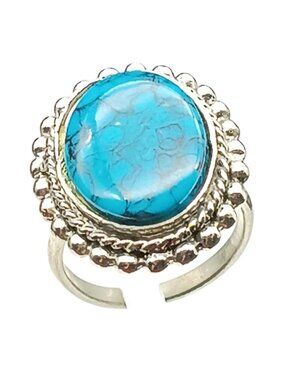 Vintage Adjustable Silver Ring with Faux Turquoise Stone Oval Design